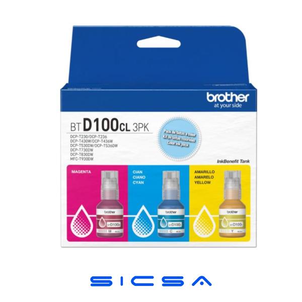 KIT DE TINTA 3 RECARGAS BROTHER BTD100CL3PKMEX INKBENEFIT CIAN / MAGENTA / AMARILLO