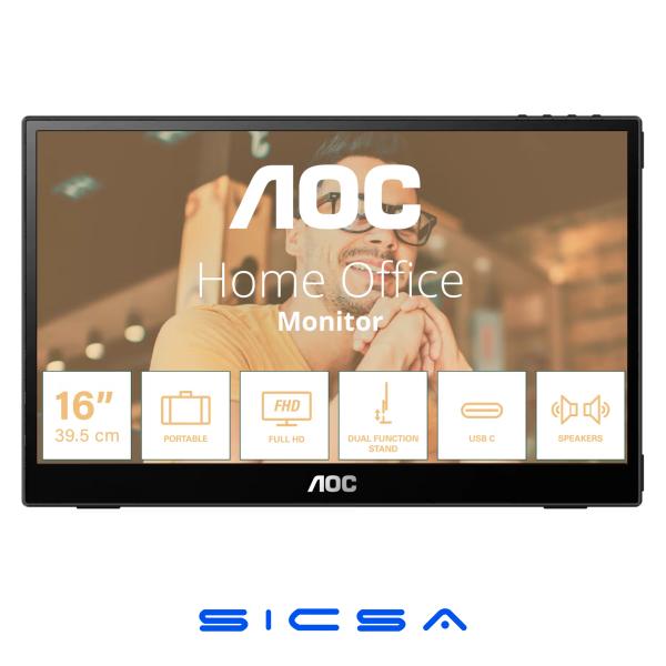 MONITOR PORTÁTIL 15.6" AOC 16T20 PLANO 1920 X 1080 FHD 60HZ IPS USB-C SIN ADAPTADOR INCLUIDO NEGRO