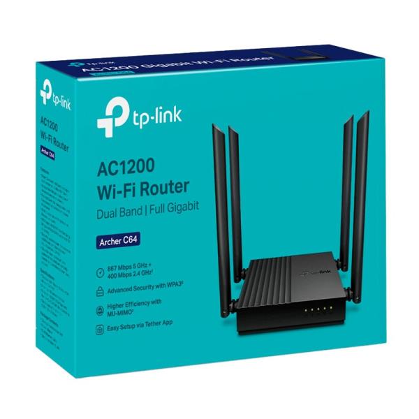 ROUTER TP LINK ARCHER C64 2.4 GHZ 5 GHZ AC1200 MU MIMO GIGABIT PUERTOS LAN / WAN NEGRO