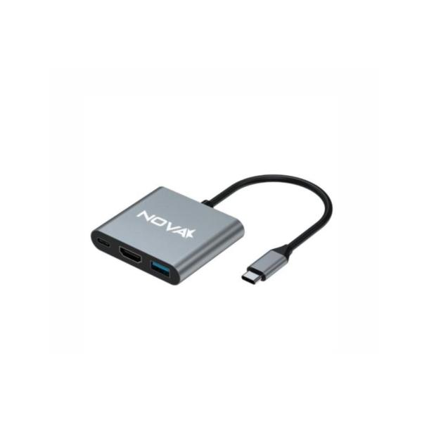 HUB NOVA AHU2S340001C 3 EN 1 USB-C 1 PUERTO USB-C 1 PUERTO USB-A 3.0 Y 1 PUERTO HDMI 4K PLATEADO